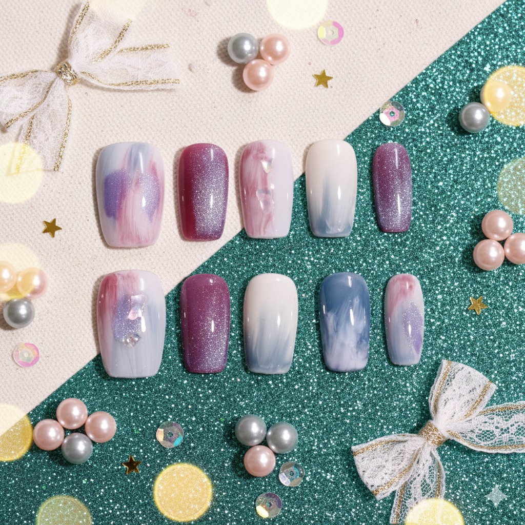 Aurora Petal Drift | Medium Square Pastel Marble Press-On Nails