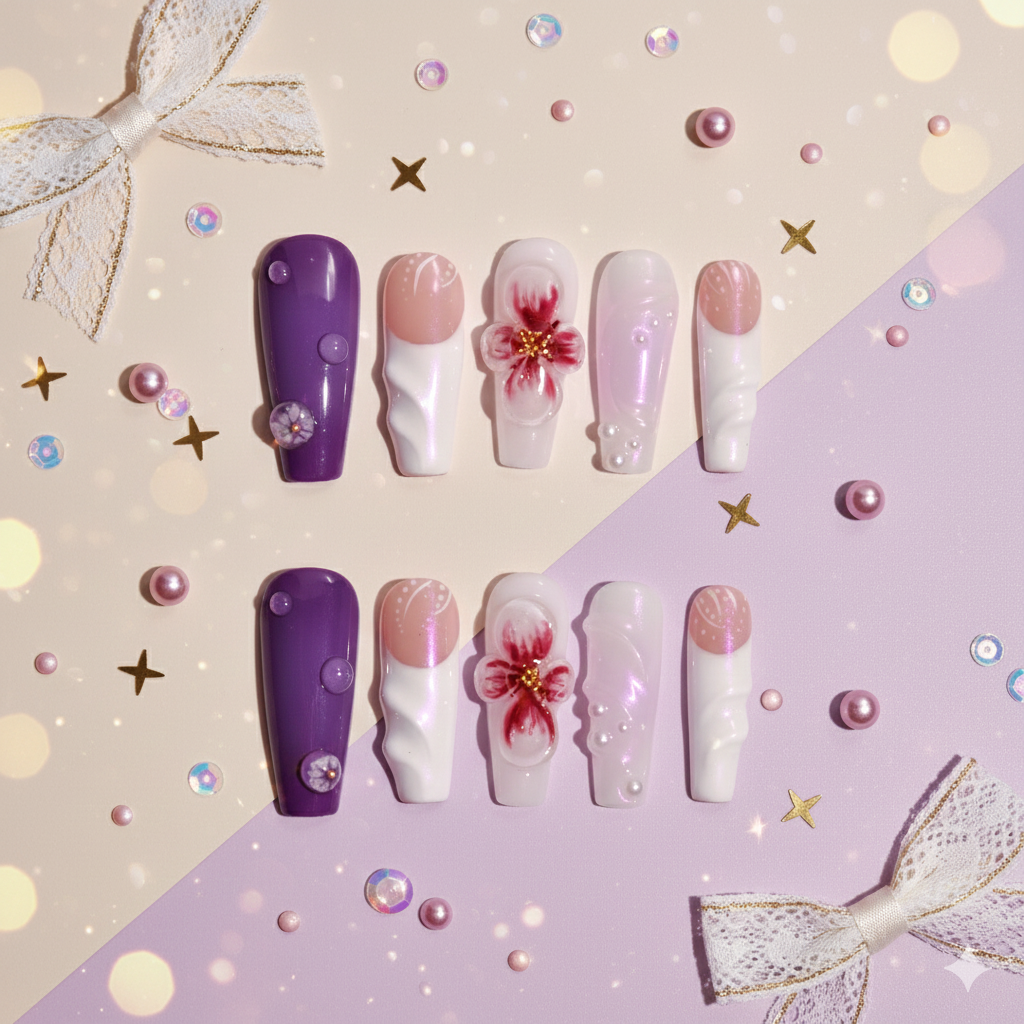 Amethyst Bloom Veil | Purple Floral Coffin Press-On Nails