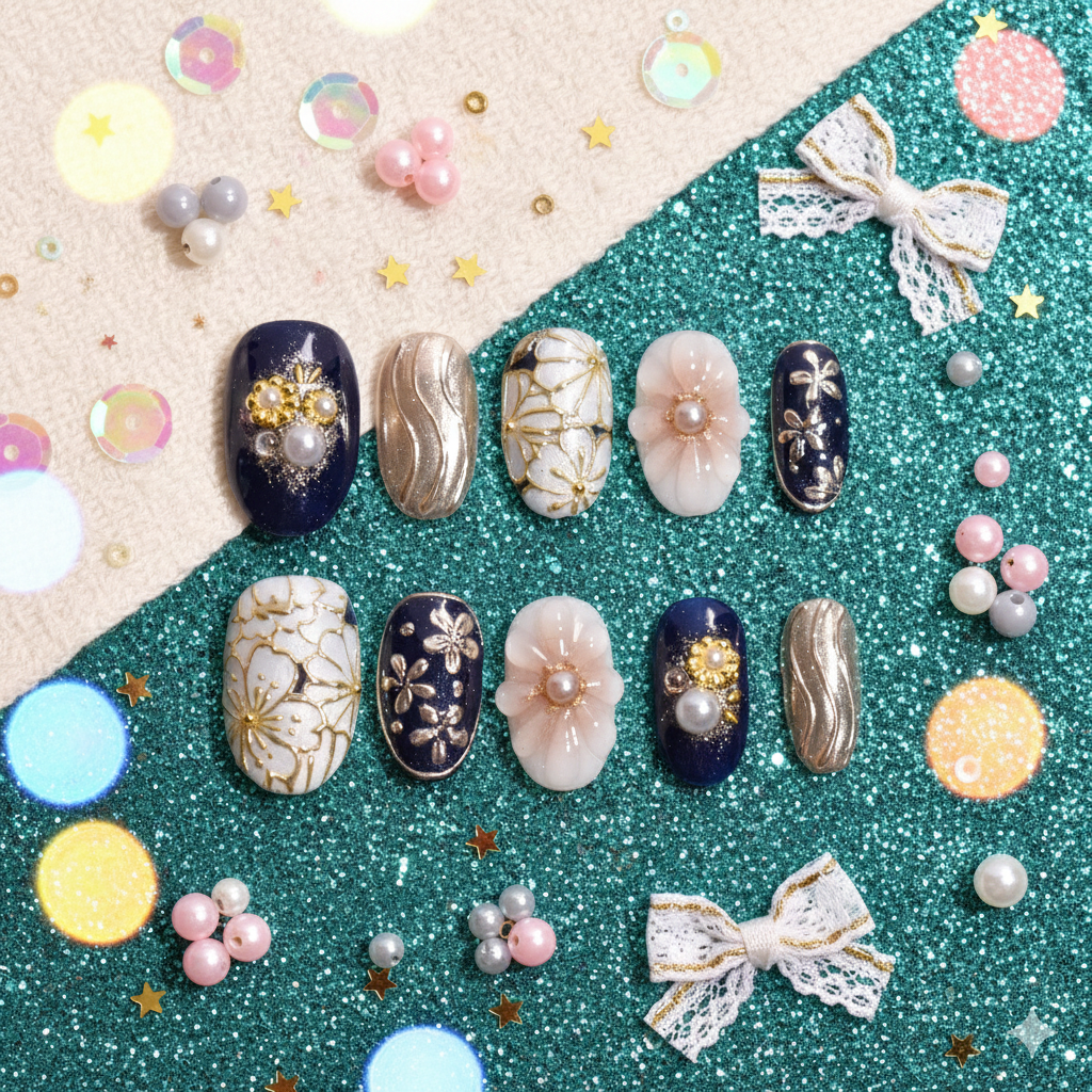 Yuki no Ribbon | Handmade Press-on Nails | Custom Japanese Nail Art