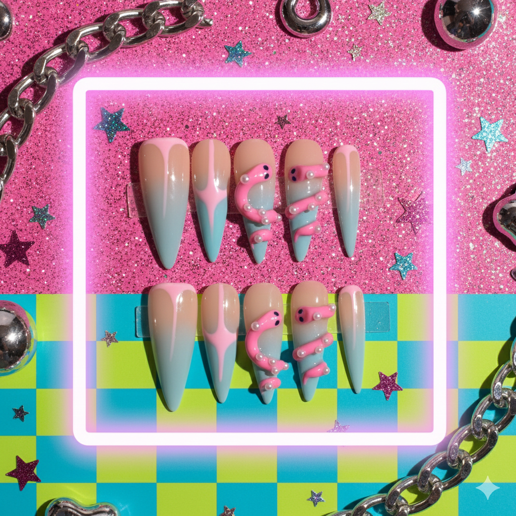 Bubble Melt Long Stiletto Pastel Drip 3D Y2K Press-On Nails with Pink Sculpted Details | b3B75