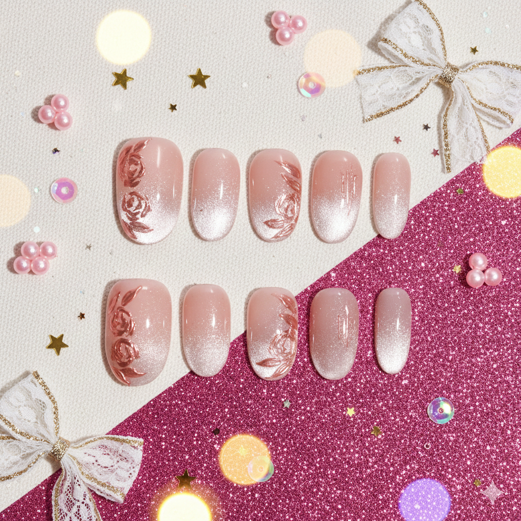 Rose Quartz Bloom | Medium Oval Rose Gold Floral Press-On Nails