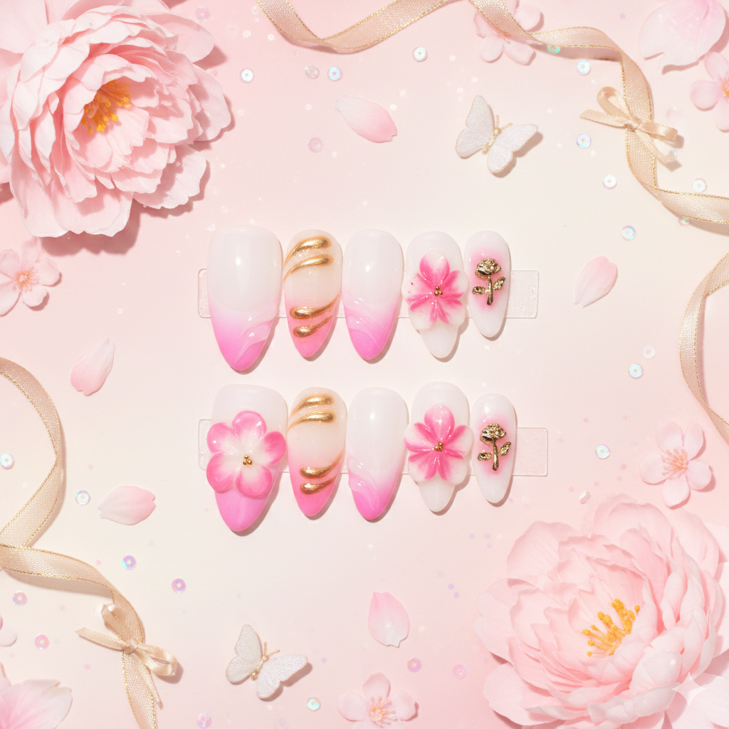 Blush Heirloom Medium Almond Pink Ombre Floral Press-On Nails | b3B88