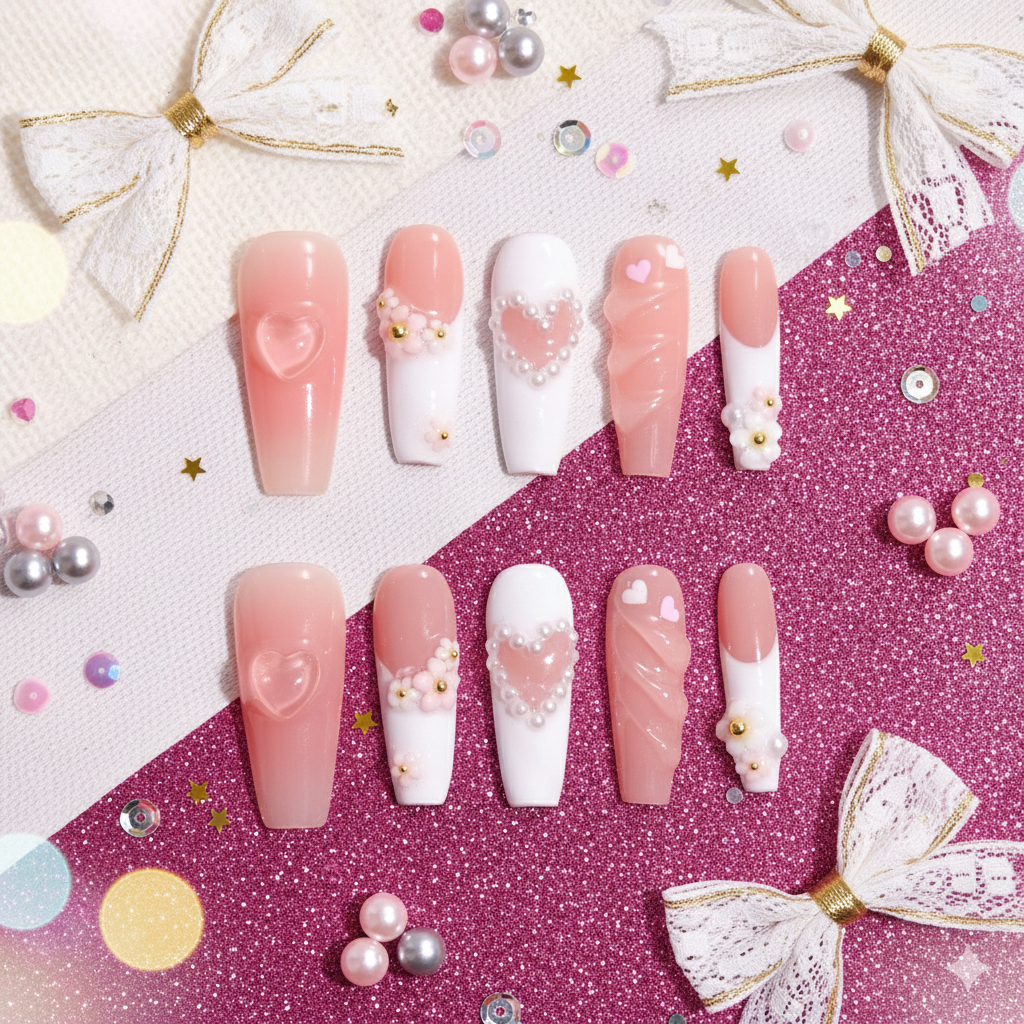 Amai Heart Bouquet | Handmade Press-on Nails | Custom Japanese Nail Art