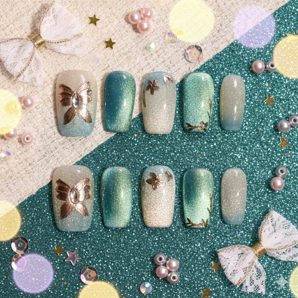 Verdant Glow | Medium Square Green & Gold Shimmer Press-On Nails