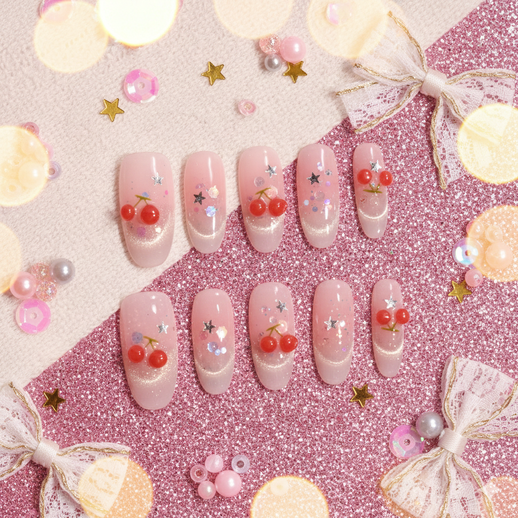 Cherry Stardust | Long Oval Pink Jelly Press-On Nails with 3D Cherry Charms & Star Confetti