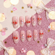 Cherry Stardust | Long Oval Pink Jelly Press-On Nails with 3D Cherry Charms & Star Confetti