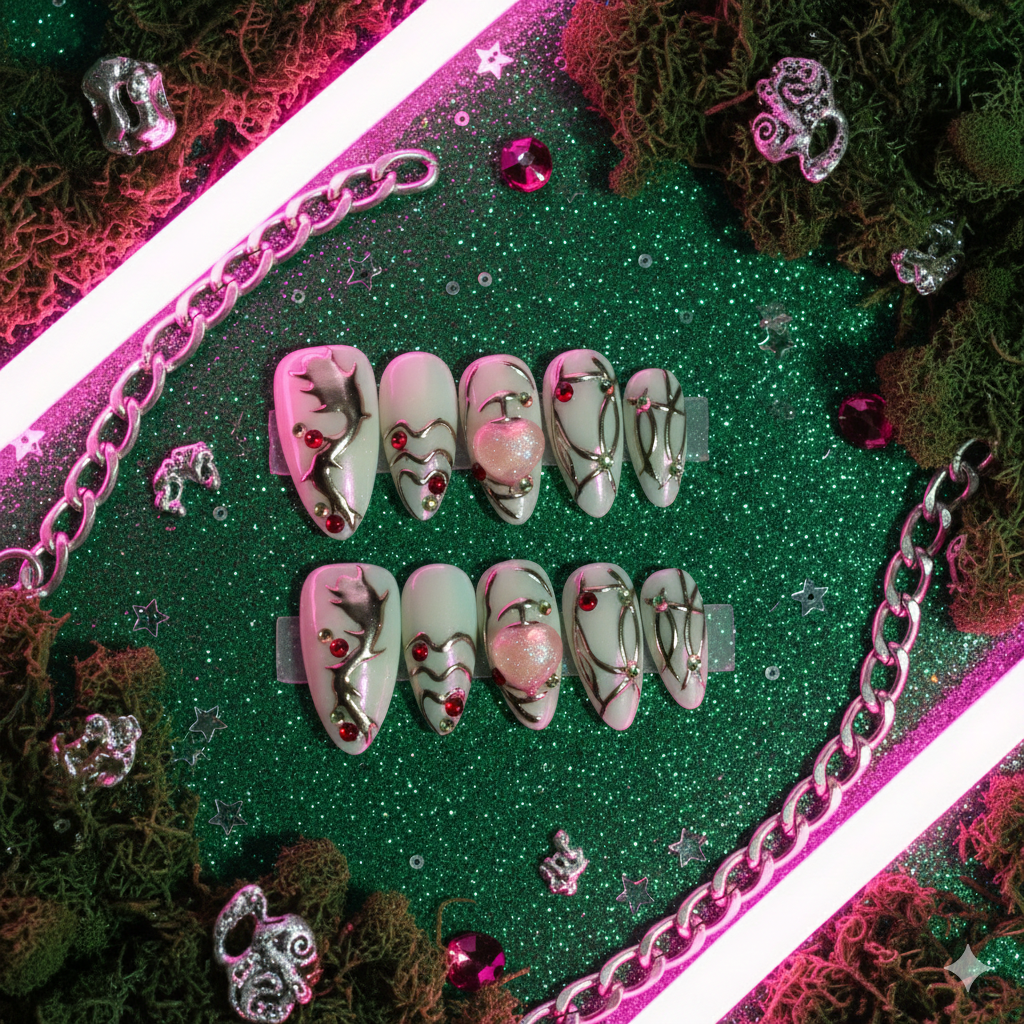 Verdant Obsession Medium Almond Sage Green Chrome Press-On Nails | b3B78