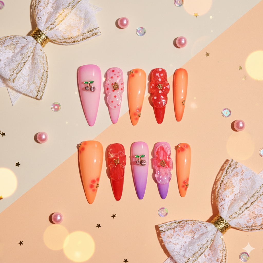 ✦ Momoiro Mikan | Cherry Floral Long Stiletto Press-On Nails