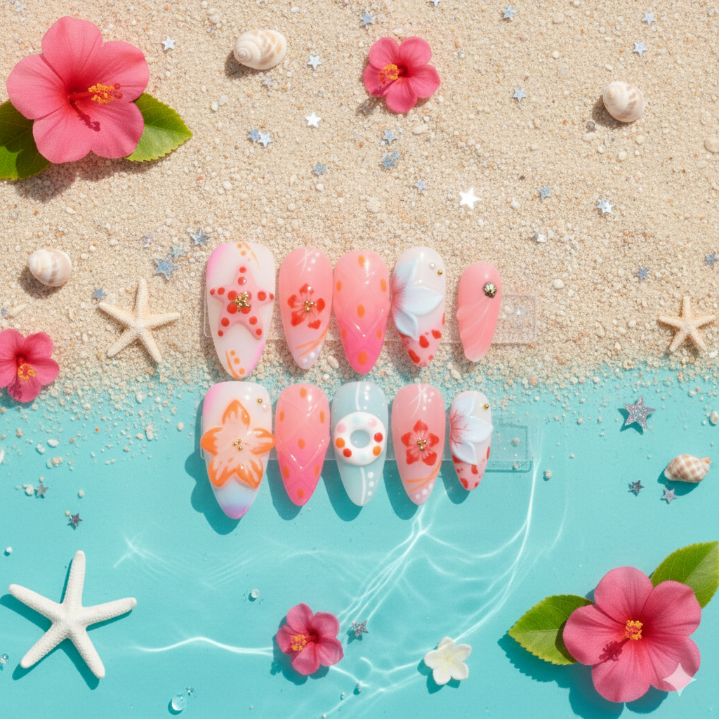 Coral Drift Society Medium Almond Tropical Floral Press-On Nails | b3B77