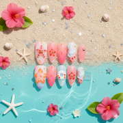Coral Drift Society Medium Almond Tropical Floral Press-On Nails | b3B77