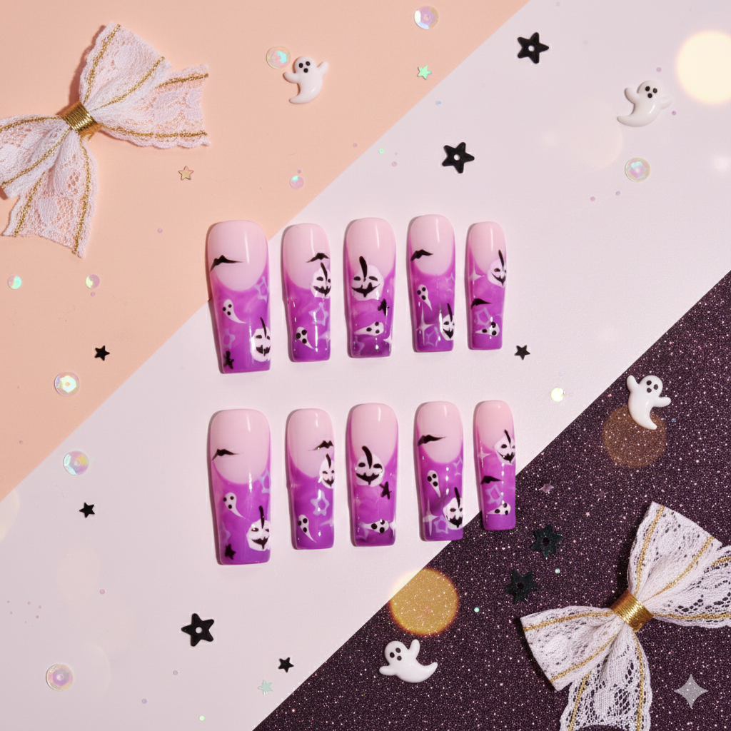 ✦ Violet Haunt | Long Square Pink Purple Ghost Press-On Nails