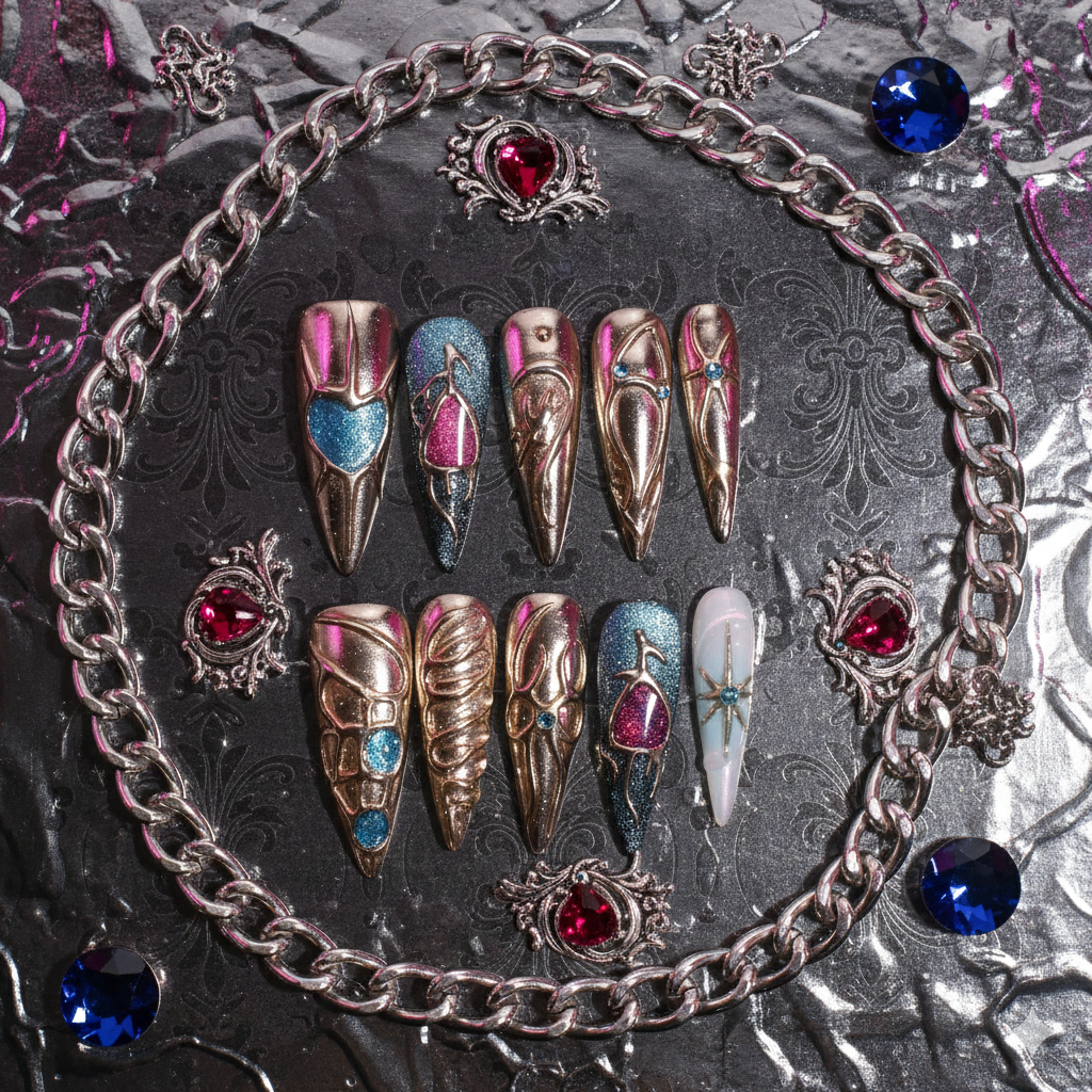 Aureate Dominion Long Stiletto Gold Chrome Sculpted Press-On Nails with Blue & Magenta Crystal Inlays | b3B87
