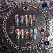 Aureate Dominion Long Stiletto Gold Chrome Sculpted Press-On Nails with Blue & Magenta Crystal Inlays | b3B87
