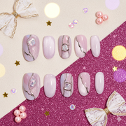 Blush Faultline | Medium Oval Pink Press-On Nails with Gold Vein Marble & Crystal Accents