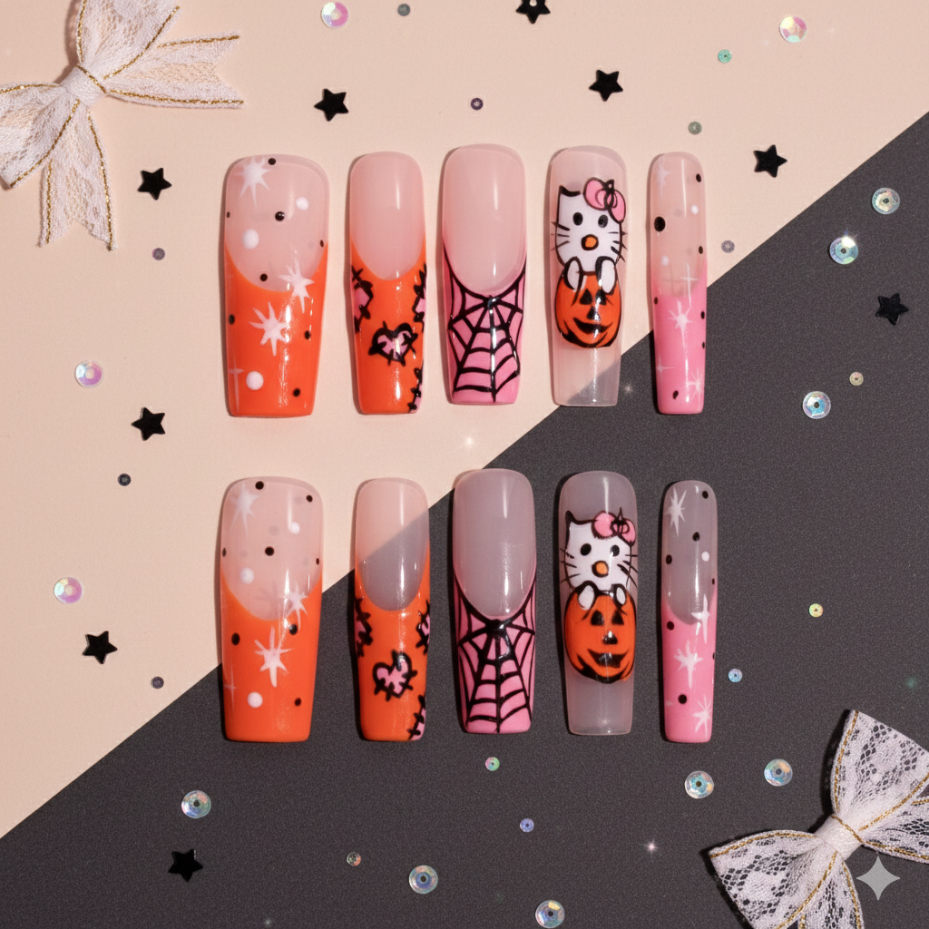 ✦ Kawaii Pumpkin Night | Hello Kitty Halloween Long Square Press-On Nails