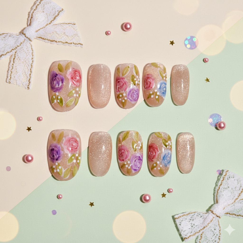 Hanabira Champagne | Oval Floral Glitter Press-On Nails