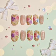 Hanabira Champagne | Oval Floral Glitter Press-On Nails