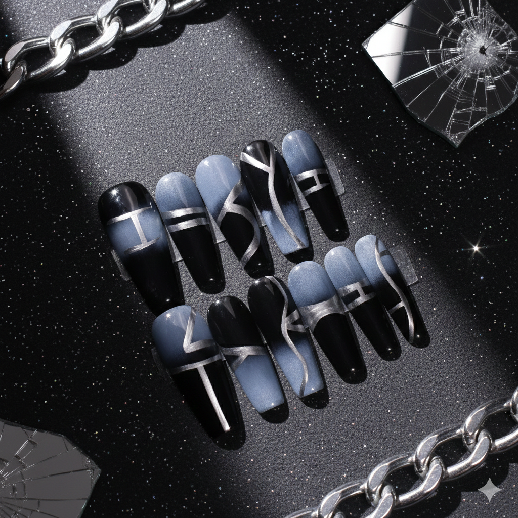 Steel Current Long Coffin Press-On Nails | b3B11