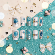 Aqua Relic | Medium Square Turquoise Gem Press-On Nails with Silver Texture Art