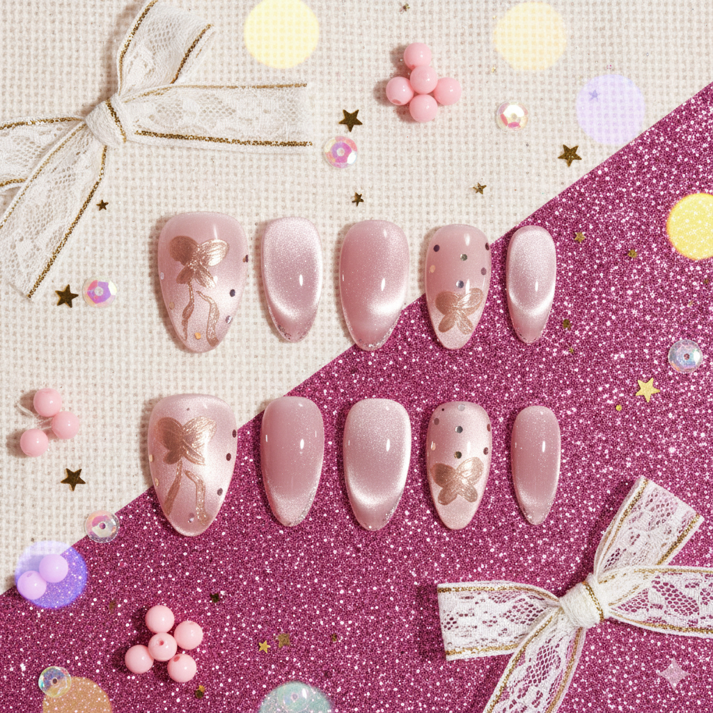 Kohaku Papillon | Short Almond Rose Quartz Butterfly Press-On Nails