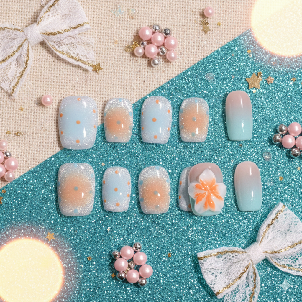 Aqua Petal Drift | Short Square Gradient Floral Press-On Nails