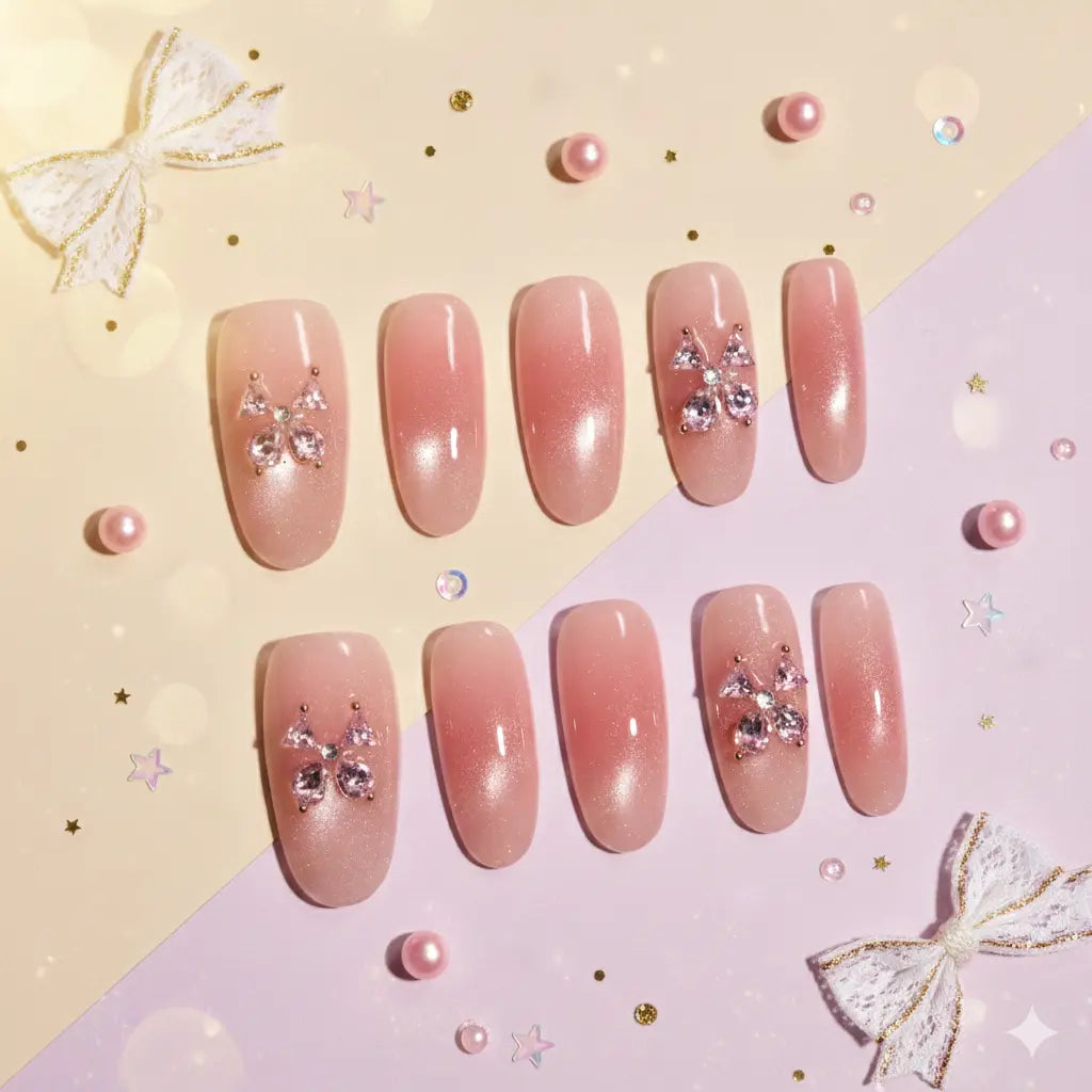 Sakura Velvet & Silver Ribbon Press-On Nails Bling Empire