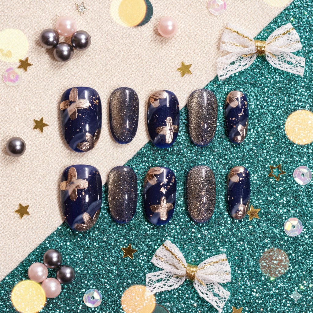 Midnight Gild | Medium Oval Navy & Gold Botanical Press-On Nails