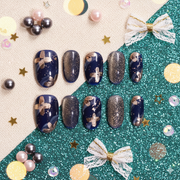 Midnight Gild | Medium Oval Navy & Gold Botanical Press-On Nails