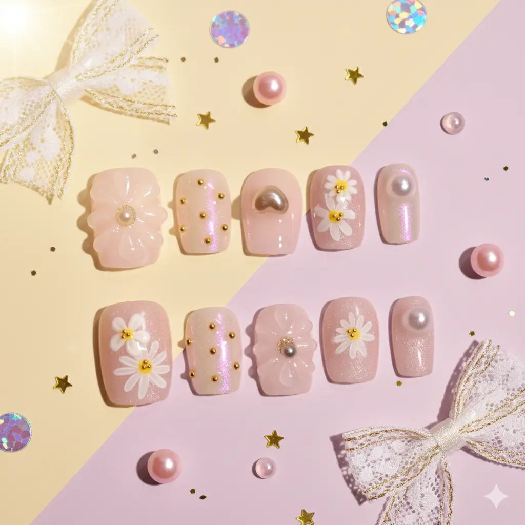 Radiant Meadow & Pearl Heart Press-On Nails