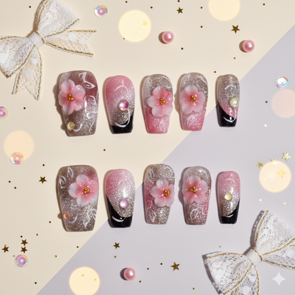 Gin Sakura Yoru | Pink Glitter Coffin Press-On Nails