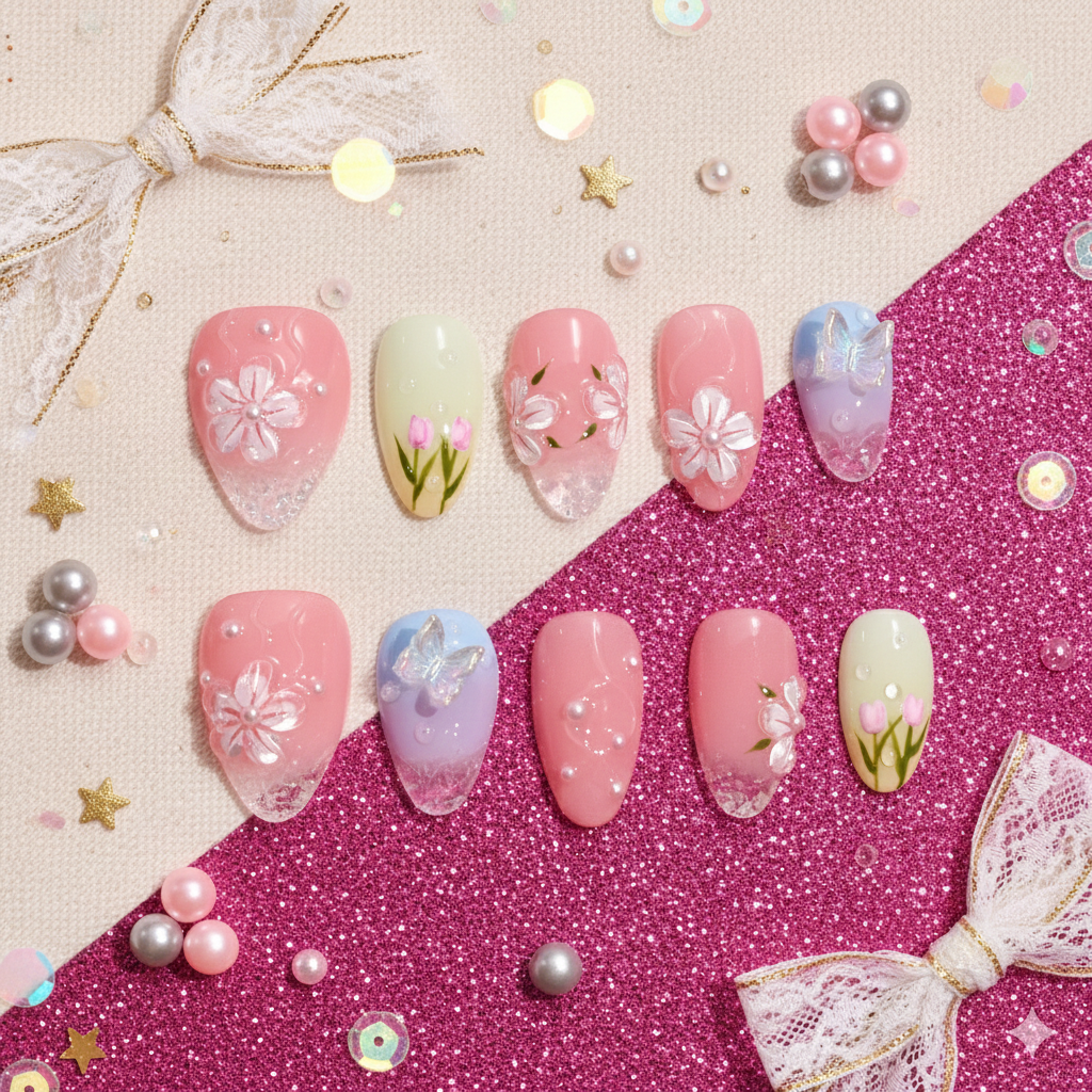Haru no Butterfly | Handmade Press-on Nails | Custom Japanese Nail Art