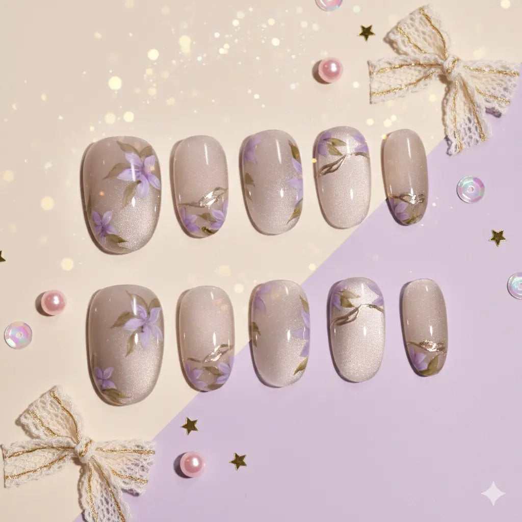 Violet Silk Radiance | Hand-Painted Wafu Velvet Cat-Eye Nails Bling Empire