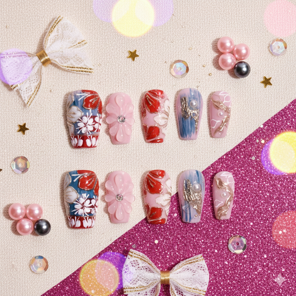 Crimson Porcelain Bloom | Medium Coffin Hand-Painted Floral Press-On Nails