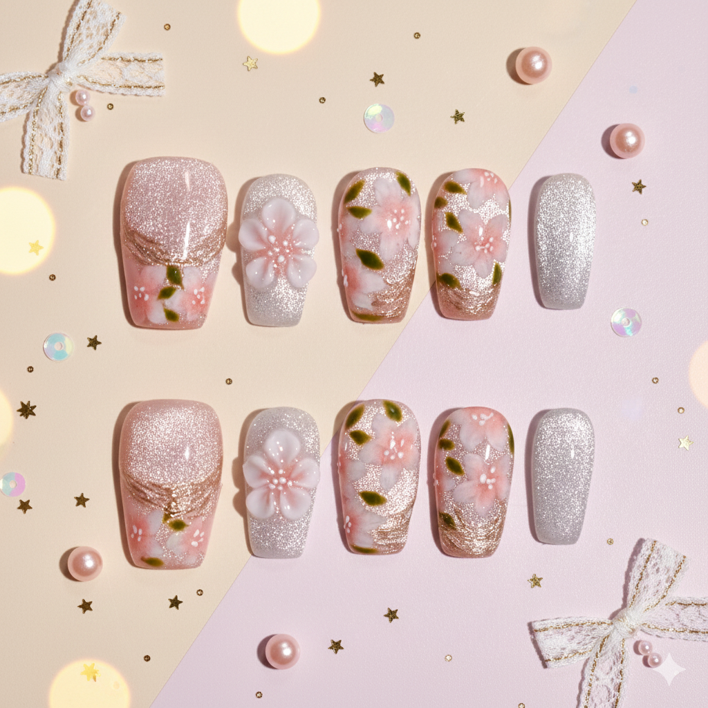 ✦ Sakura Kōkin | Coffin Floral Glitter Press-On Nails