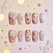 ✦ Sakura Kōkin | Coffin Floral Glitter Press-On Nails