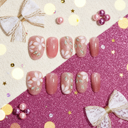 Sakura Rosé Veil | Medium Oval Floral Glitter Press-On Nails