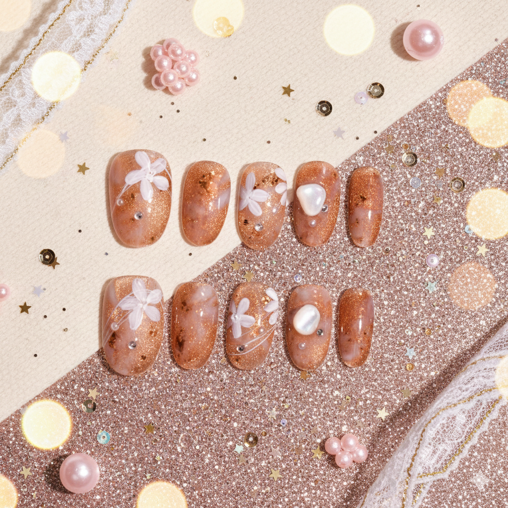 Amber Pearl Bloom | Medium Oval Gold Glitter Floral Press-On Nails