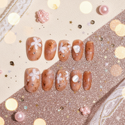 Amber Pearl Bloom | Medium Oval Gold Glitter Floral Press-On Nails