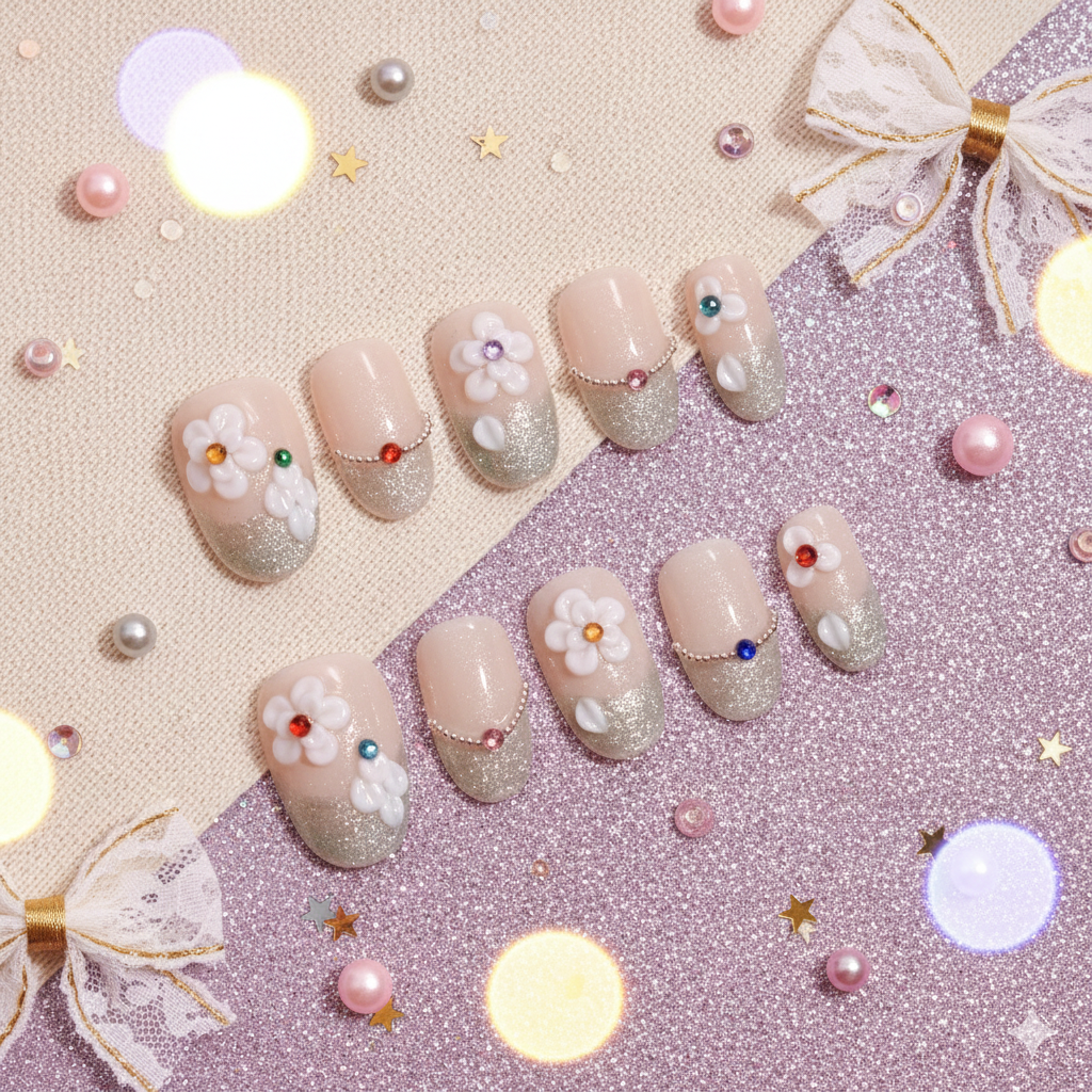 Aurora Daisy Chain | Medium Oval Nude Glitter Floral Press-On Nails