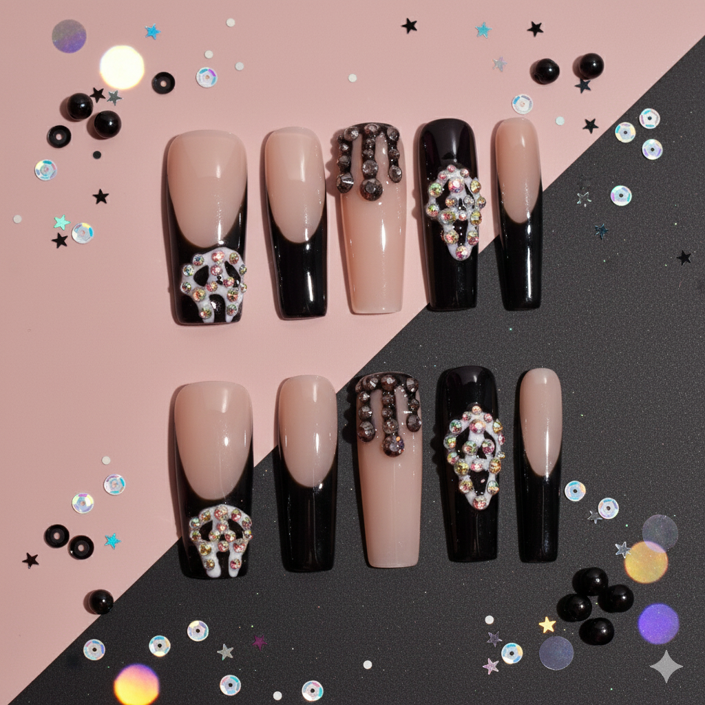 Noir Crystal Drip | Long Coffin Black Nude Press-On Nails