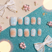 Citrus Sky Confetti | Short Square Blue Press-On Nails with Peach Aura Glow, Polka Dots & Micro Sparkle