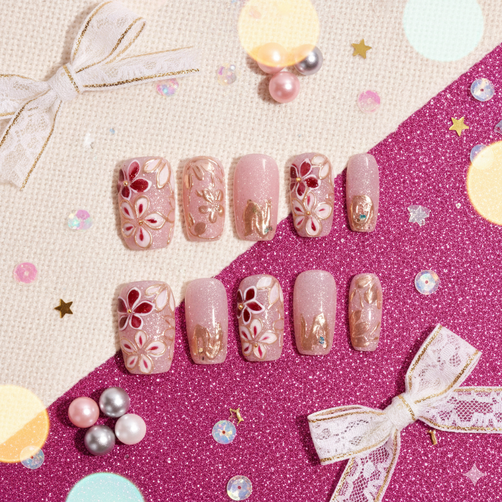 Crimson Hanagasumi | Handmade Press-on Nails | Custom Japanese Nail Art