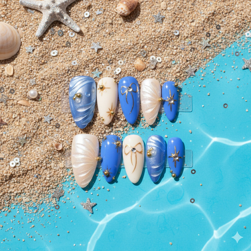 Azure Heirloom Medium Almond Blue & Cream Celestial Press-On Nails | b3B70