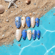 Azure Heirloom Medium Almond Blue & Cream Celestial Press-On Nails | b3B70