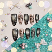 Obsidian Grove | Long Almond Black Chrome Press-On Nails with Gold Veins & Bamboo Ink Art