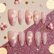 Rose Quartz Petal Glow | Long Almond Floral Ombre Press-On Nails