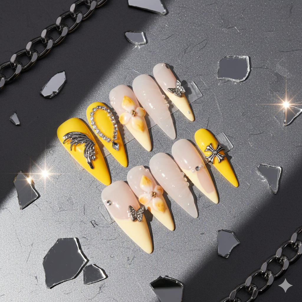 Golden Petal Stiletto Press-On Nails | b3B21