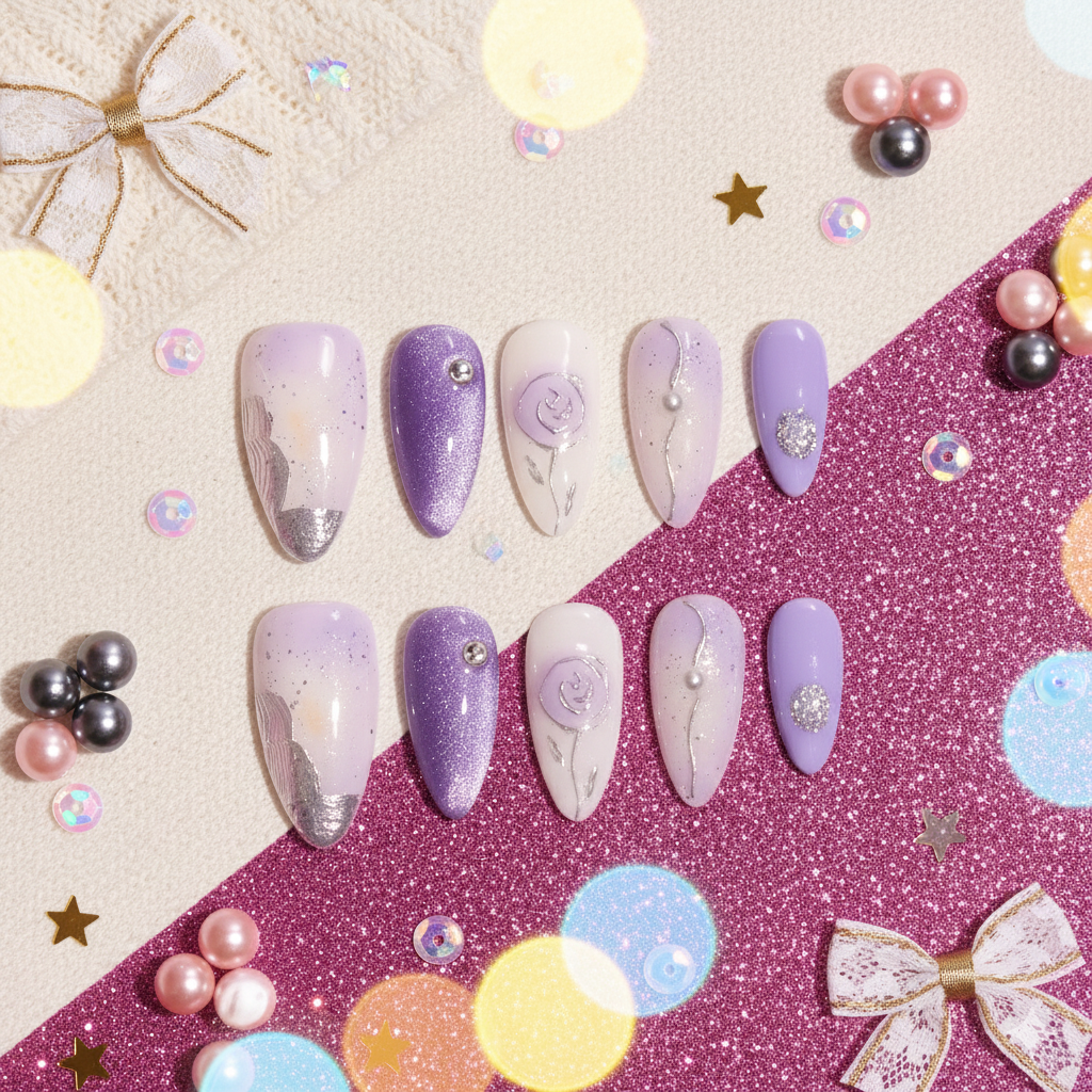 Lavender Reverie | Long Almond Lilac & Pearl Press-On Nails with Sculpted Rose Art