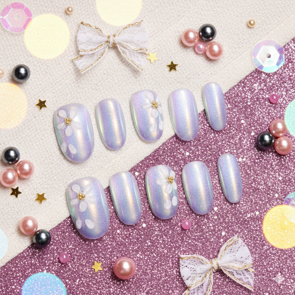 Opal Petal Halo | Medium Oval Iridescent Press-On Nails with 3D White Flowers & Pearl Chrome Glow