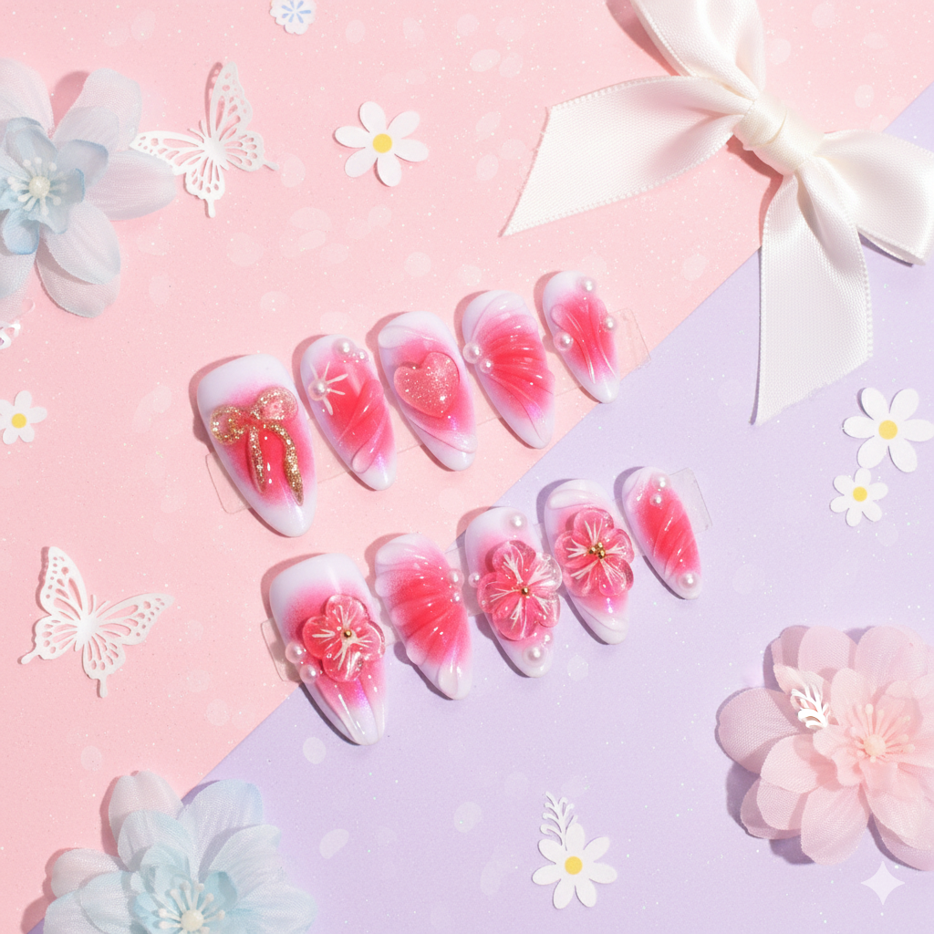 Candy Rose Glow – Medium Almond Press-On Nails | b3B26
